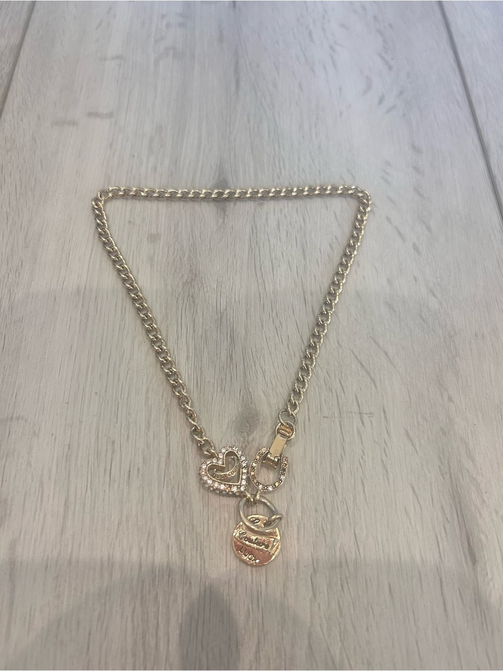 Vintage Juicy Couture Y2K Gold Tone Rhinestone Charm Necklace 2000s